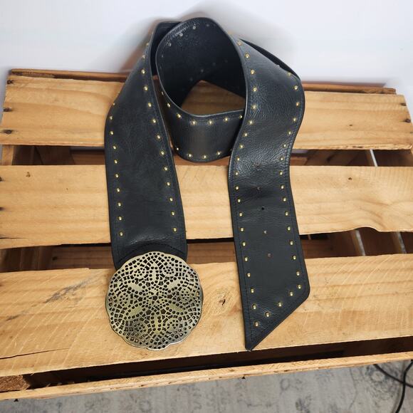 Fossil black leather bohemian belt studded round brass tone buckle size Large - Picture 1 of 11